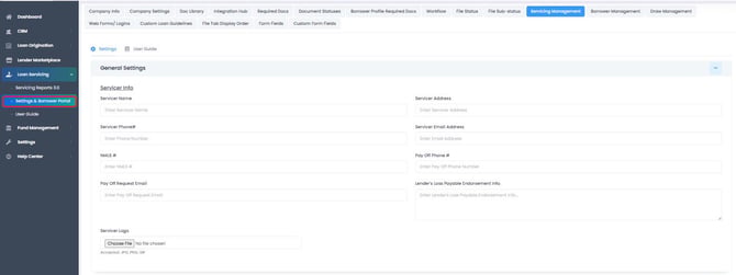 Loan Servicing Settings and Borrower Portal page with General Settings open