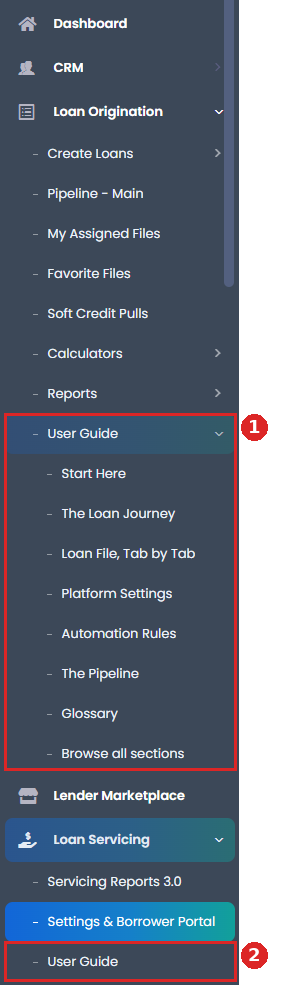 Sidebar with Loan Origination User Guide topics and Loan Servicing User Guide highlighted