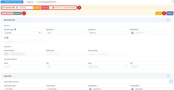 Servicing 3.0 OnBoarding Info/Loan Settings tab showing Import, OnBoarding Status and the Simulated Date bar