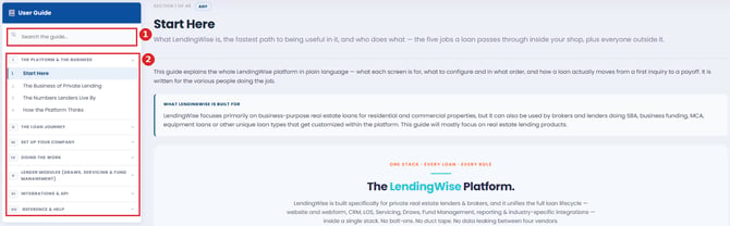 Loan Origination User Guide page with the Search the guide box and the table of contents grouped into parts