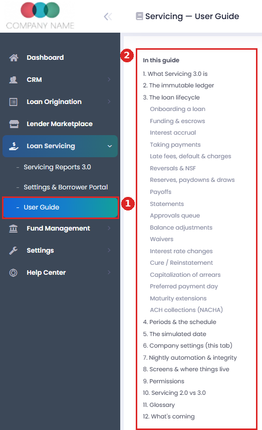 Servicing User Guide opened from Loan Servicing, with the In this guide list of topics