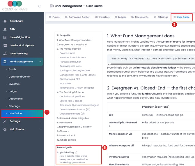 Fund Management User Guide with the sidebar link, the User Guide tab and the Related guide Capital-Raising link