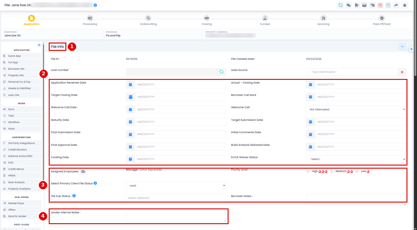 LendingWise Admin Tab overview showing key features including Important Dates, Staff Assignment, File Status, Borrower Notes, Lender Internal Notes, and General Note History