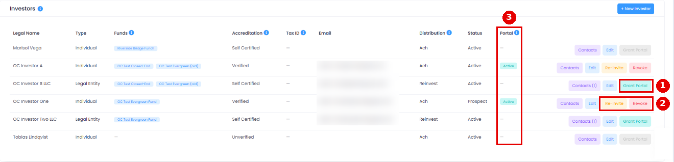 Investors list on the Funds page with Grant Portal, Re-invite, Revoke and the Portal column