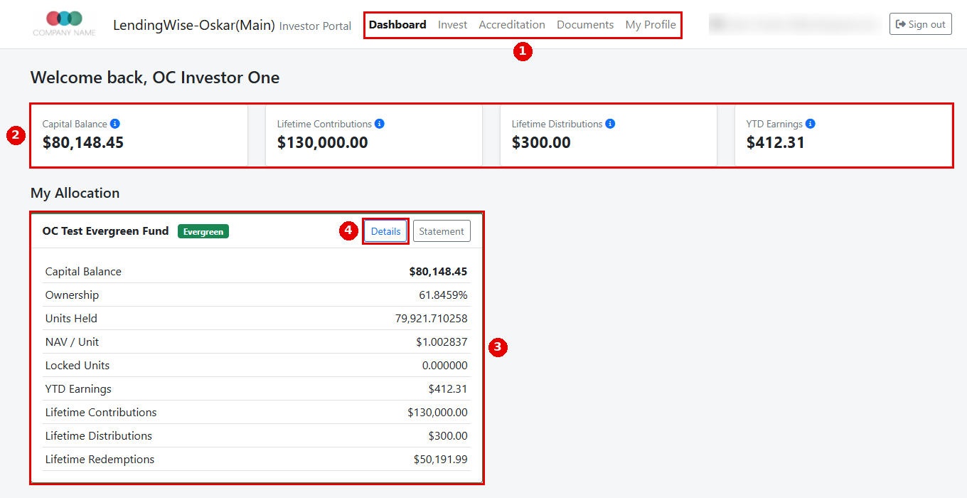 Investor portal Dashboard