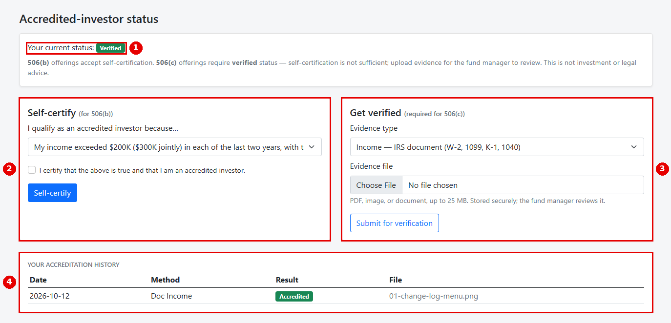 Investor portal Accreditation page with Self-certify, Get verified and the history table