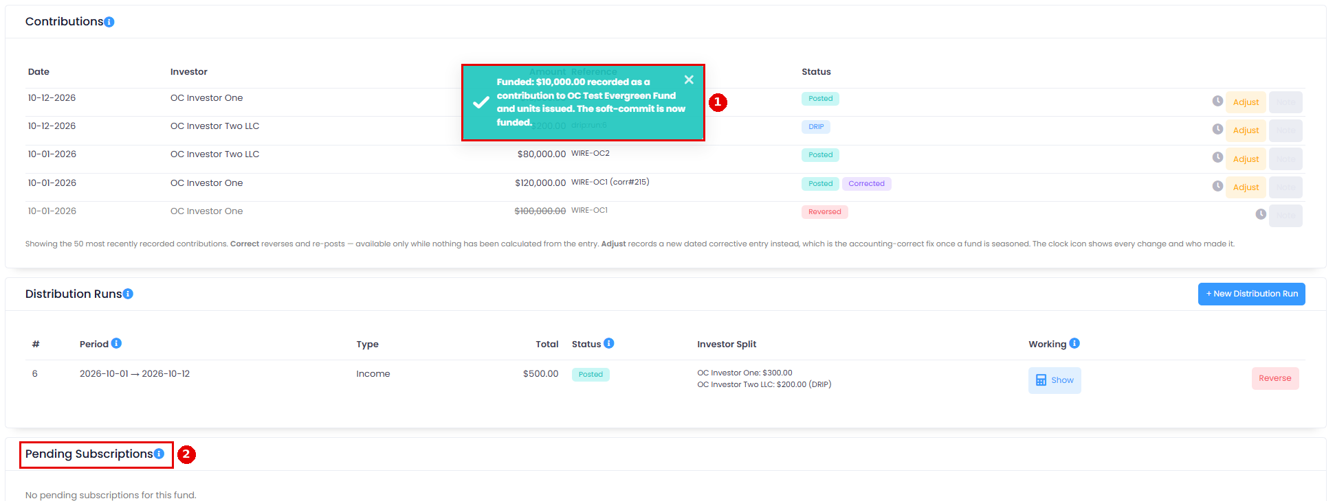 Funded message after Approve and Fund, with the Pending Subscriptions section