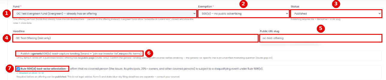 Offerings editor with Fund, Exemption, Status, Headline, slug, generic page box and the 506(d) attestation