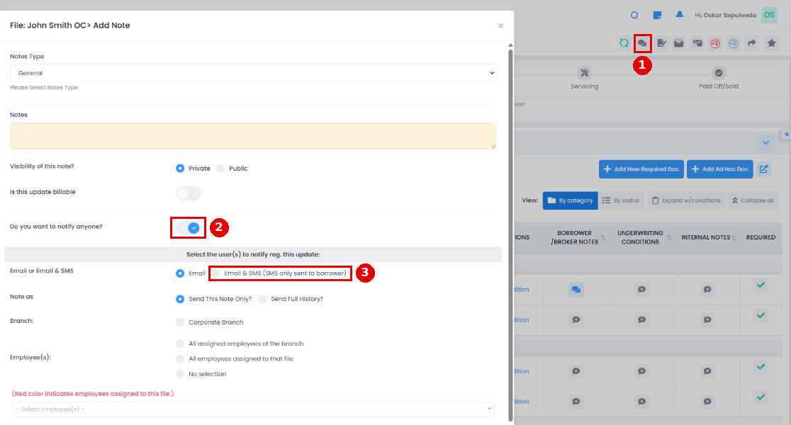 Add Note window with notify switch and Email and SMS option